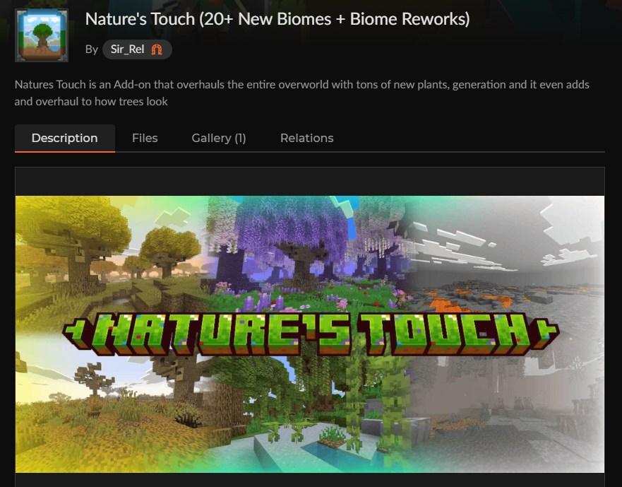 地形生成アドオン「Nature's Touch」のCurseForge配布ページ