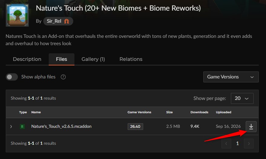 CurseForgeでNature's Touch v2.6.5の最新ファイルを選ぶ画面