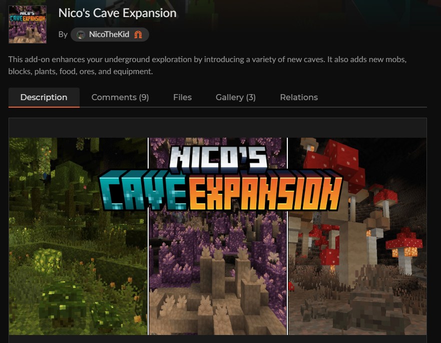 地形生成アドオン「Nico's Cave Expansion」のCurseForge配布ページ