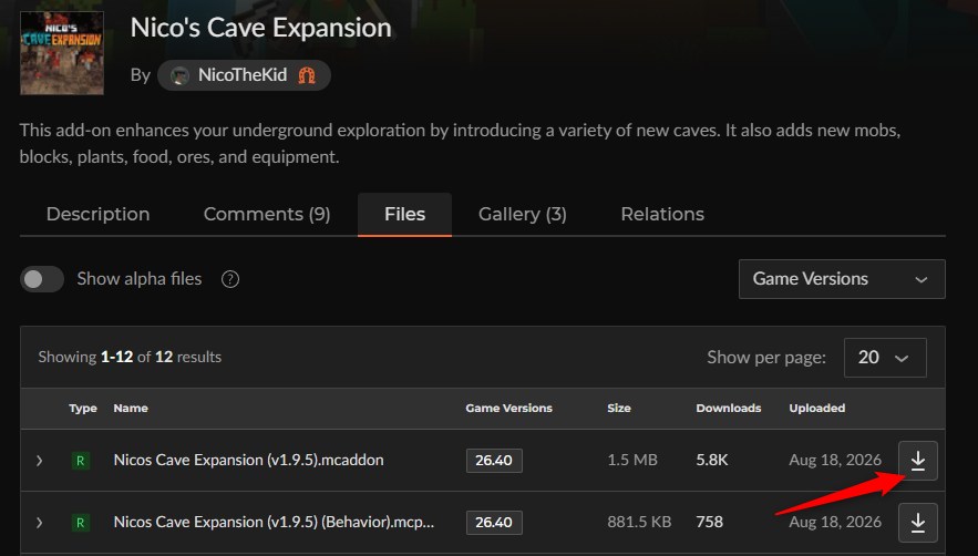 CurseForgeでNico's Cave Expansion v1.9.5の最新ファイルを選ぶ画面