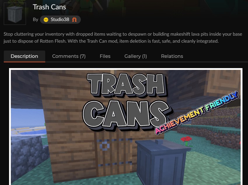 ゴミ箱アドオン「Trash Cans」のCurseForge配布ページ