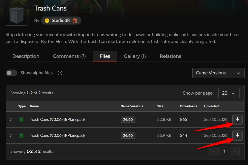 Trash CansのBPとRPのファイルをCurseForgeからダウンロードする画面