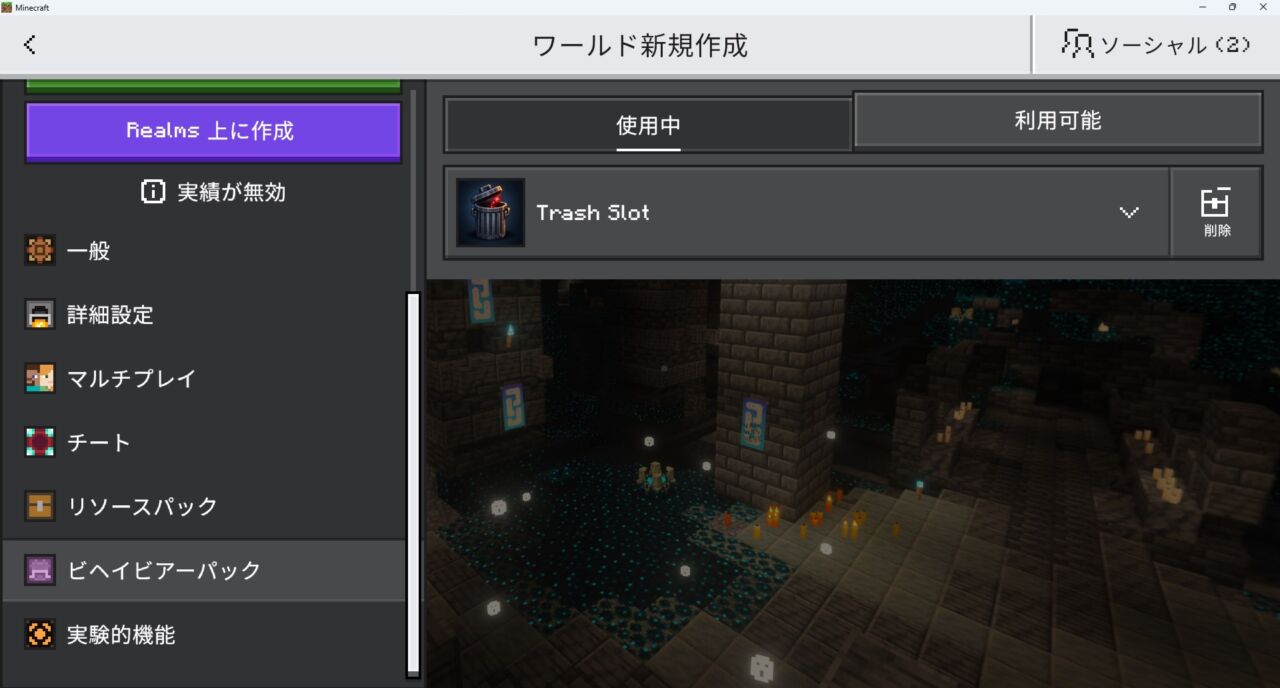 Trash Slotのリソースパックが有効になっているか確認する画面