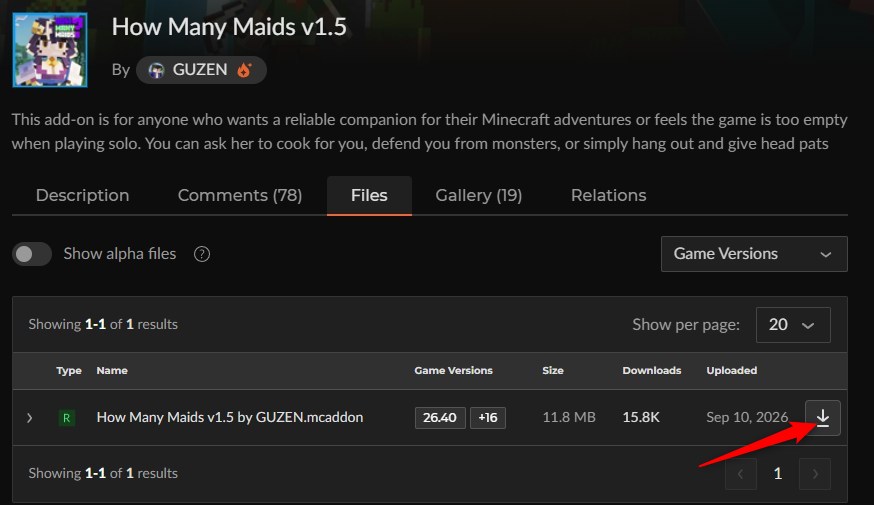 How Many MaidsのCurseForgeファイル一覧（How Many Maids v1.5）