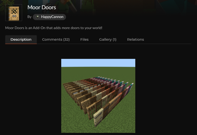 マイクラ統合版のドアアドオン「Moor Doors」のCurseForge配布ページ