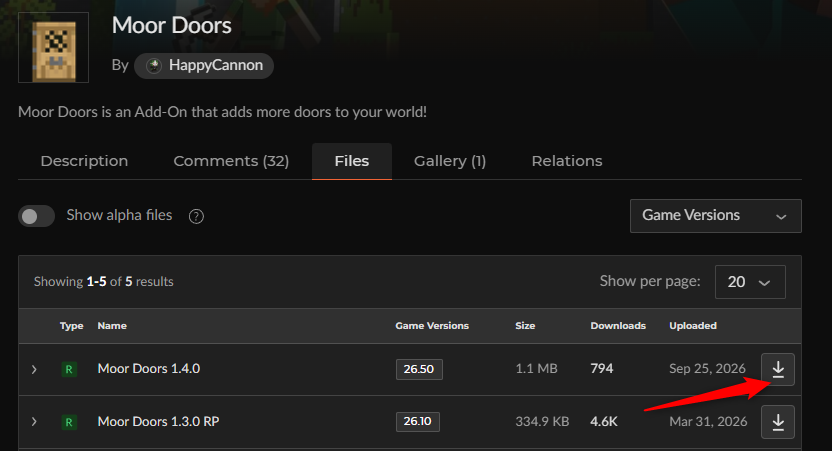 CurseForgeの「Moor Doors」ファイル一覧からMoor_Doors_V1_4_0.mcaddonを選ぶ画面