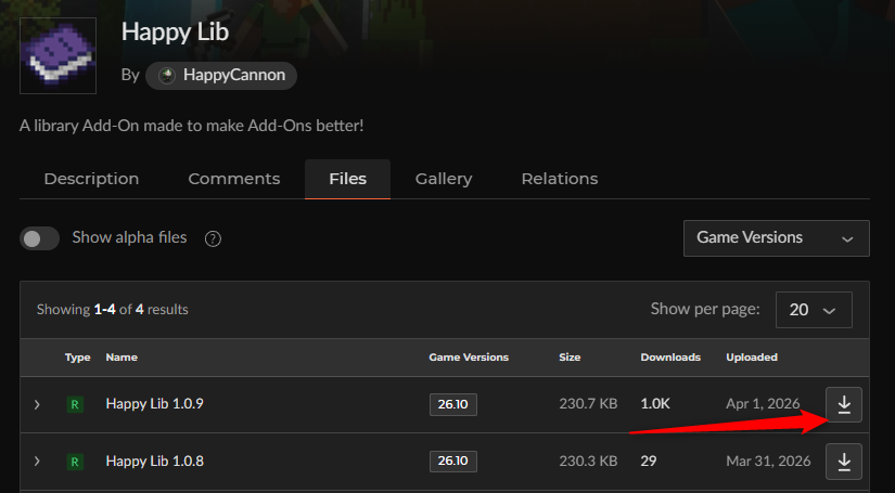 CurseForgeの前提アドオン「Happy Lib」ファイル一覧からHappy Lib 1.0.9を選ぶ画面