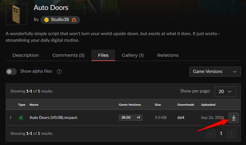 CurseForgeの「Auto Doors」ファイル一覧からAuto Doors (V0.08).mcpackを選ぶ画面