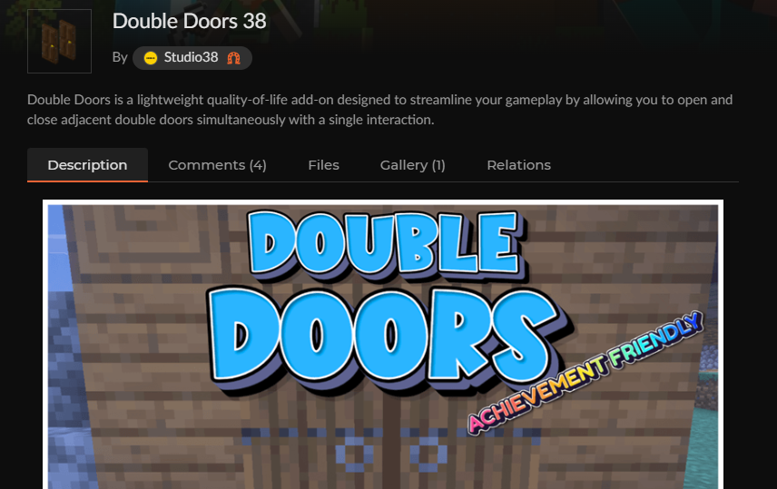 マイクラ統合版のドアアドオン「Double Doors 38」のCurseForge配布ページ
