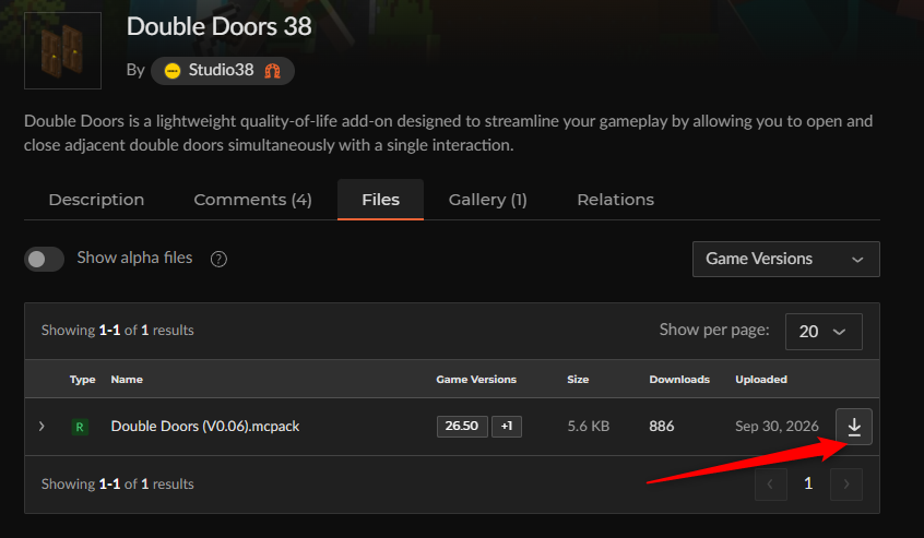 CurseForgeの「Double Doors 38」ファイル一覧からDouble Doors (V0.06).mcpackを選ぶ画面