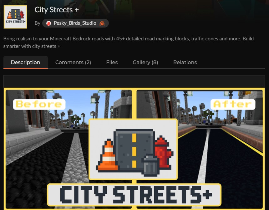 マイクラ統合版の道路アドオン「City Streets +」のCurseForge配布ページ