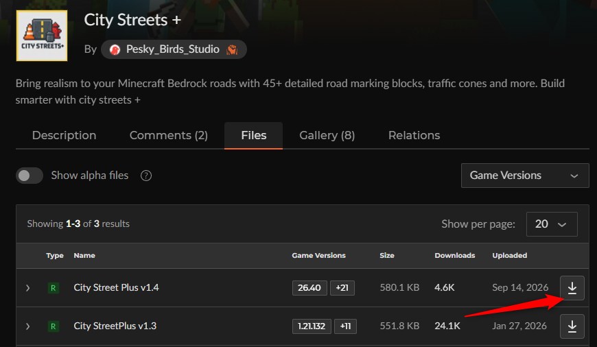 City Streets +のCurseForgeファイル一覧（最新のv1.4を選ぶ）