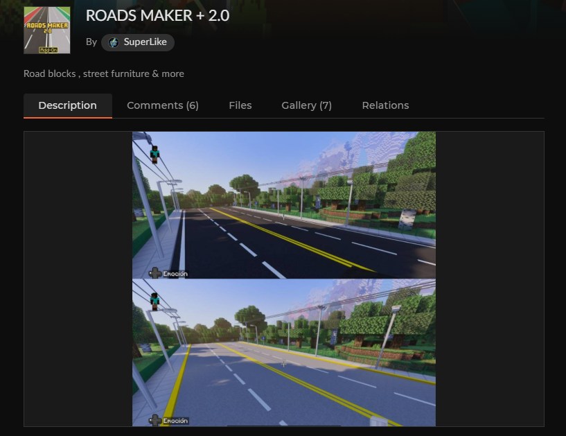 マイクラ統合版の道路アドオン「ROADS MAKER + 2.0」のCurseForge配布ページ