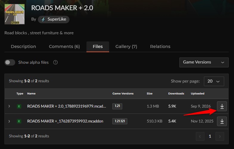 ROADS MAKER + 2.0のCurseForgeファイル一覧