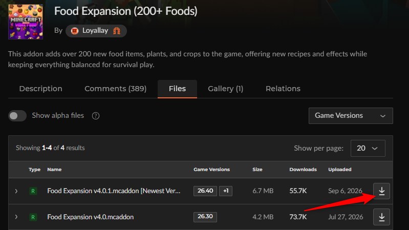 Food ExpansionのCurseForgeファイル一覧（最新のv4.0.1を選ぶ）