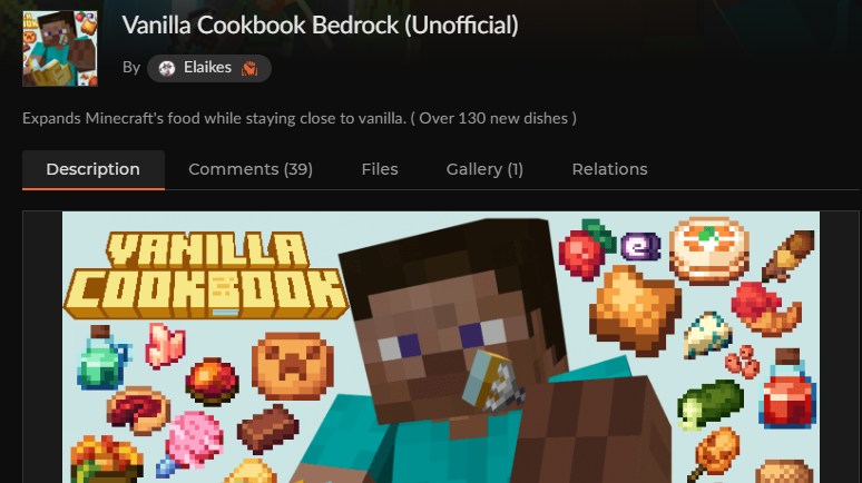 マイクラ統合版のケーキアドオン「Vanilla Cookbook」のCurseForge配布ページ