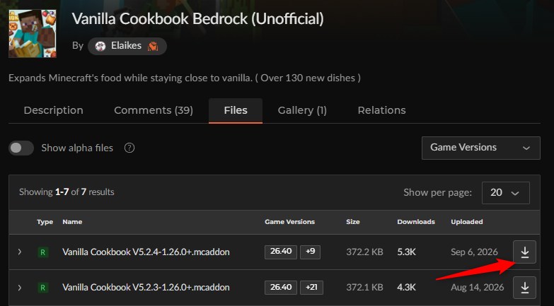 Vanilla CookbookのCurseForgeファイル一覧（最新のV5.2.4を選ぶ）