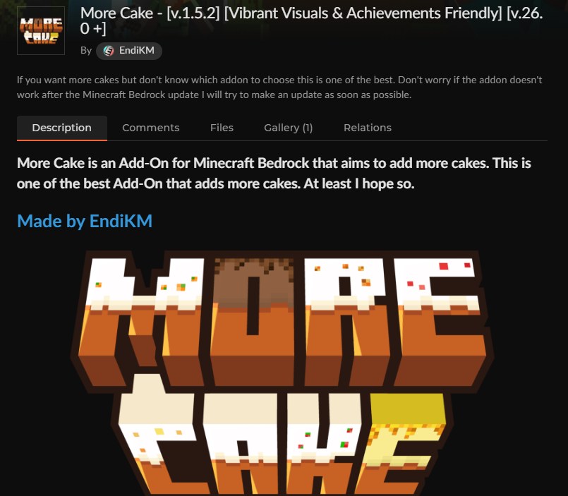 マイクラ統合版のケーキアドオン「More Cake」のCurseForge配布ページ