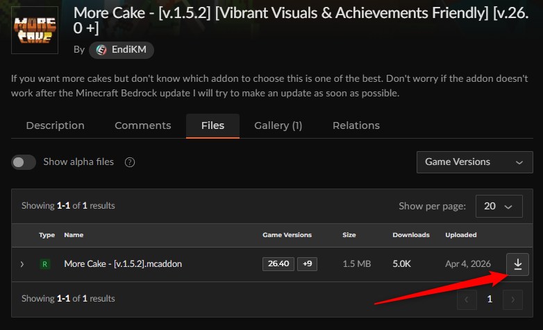 More CakeのCurseForgeファイル一覧（v1.5.2を選ぶ）