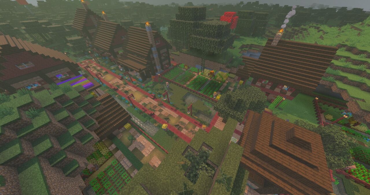 マイクラ統合版の街アドオン「Villages Re-Imagined」で生成された町