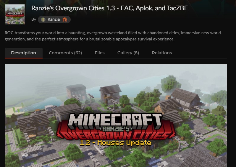 マイクラ統合版の街アドオン「Ranzie's Overgrown Cities」のCurseForge配布ページ