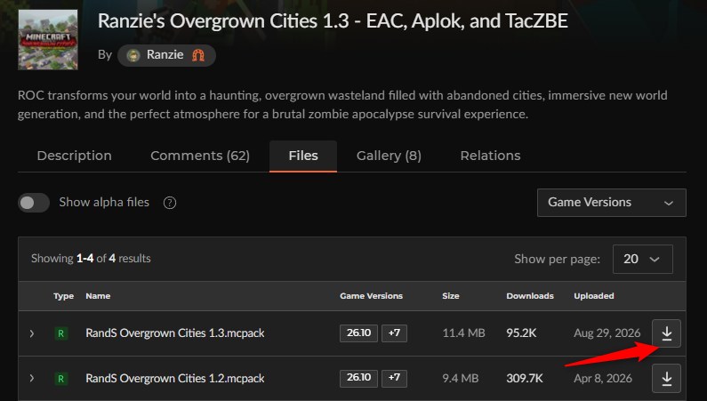 Ranzie's Overgrown CitiesのCurseForgeファイル一覧（最新の1.3を選ぶ）