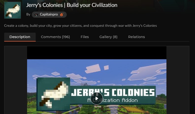 マイクラ統合版の街アドオン「Jerry's Colonies」のCurseForge配布ページ