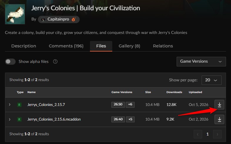 Jerry's ColoniesのCurseForgeファイル一覧（最新の2.15.7を選ぶ）