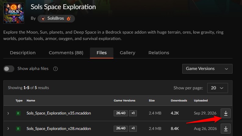 Sols Space ExplorationのCurseForgeファイル一覧（最新のv35を選ぶ）