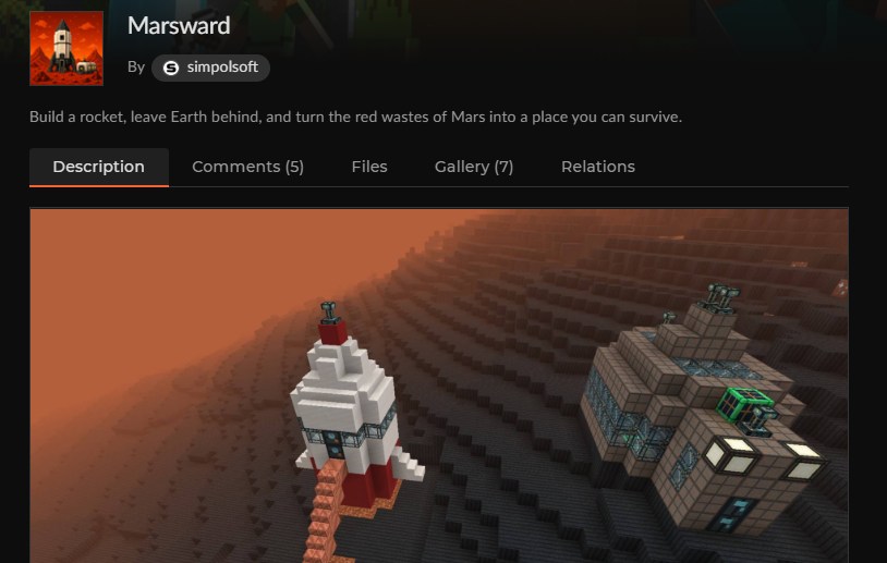 マイクラ統合版の宇宙アドオン「Marsward」のCurseForge配布ページ