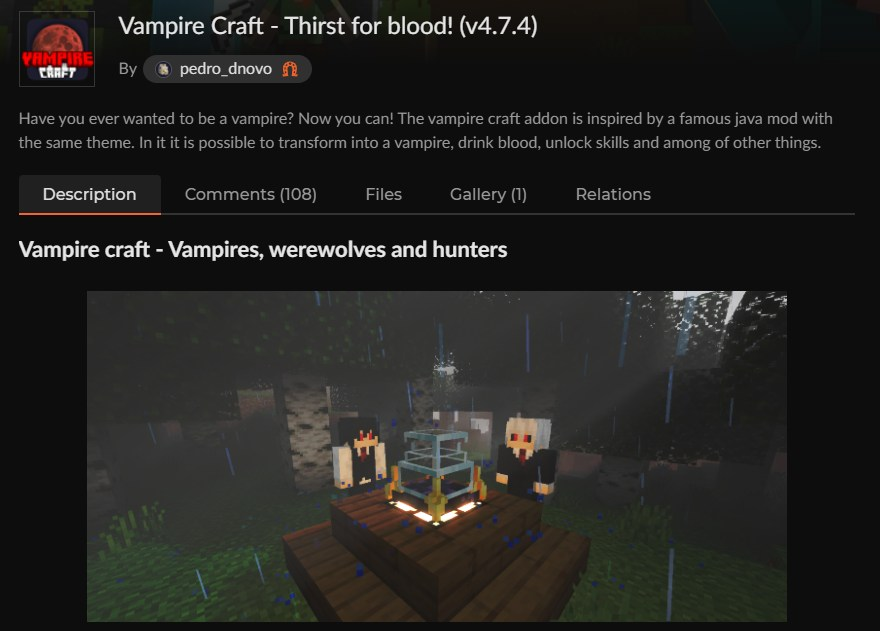マイクラ吸血鬼アドオンVampire CraftのCurseForge配布ページ