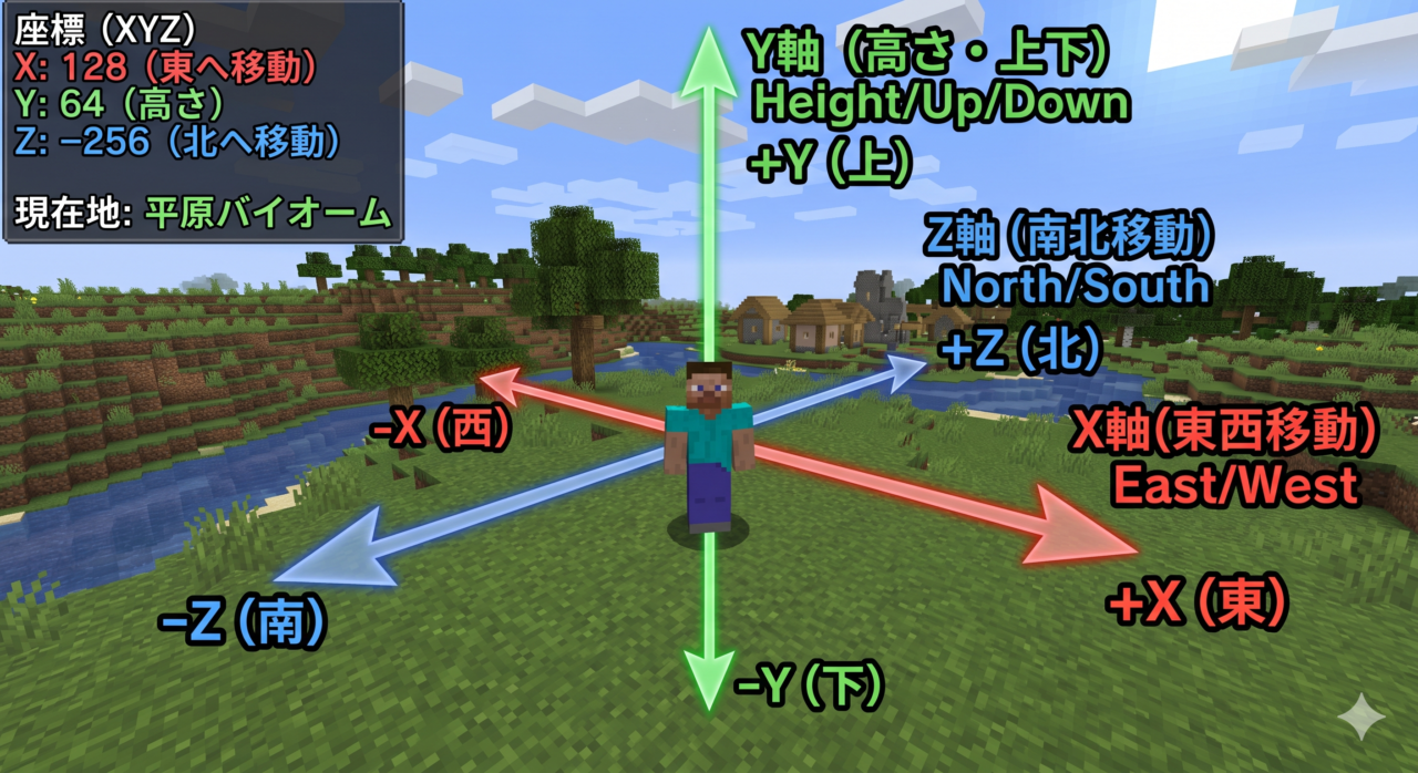 マイクラの座標がX・Y・Zで表示されている画面のスクショ